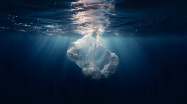 Plastic bag floating elegantly under serene ocean waters simulating a continent Generative AI image