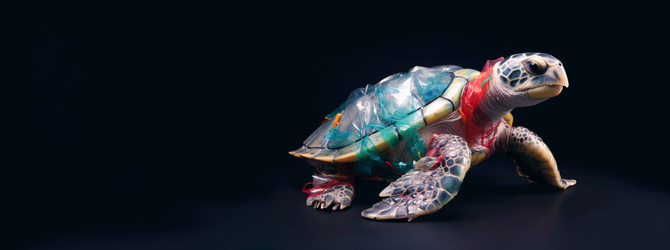 Plastic pollution impact shown through art installation turtle Generative AI image