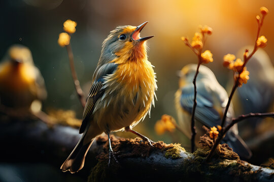 Fototapeta Generative AI illustration of close up of a golden bird singing passionately on a branch, with soft spring light filtering through orange buds, while another bird listens intently