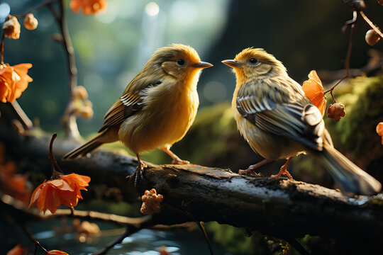 Generative AI illustration of two vibrant yellow birds perched on a branch amidst orange blossoms, engaging in a melodious duet in a serene spring setting