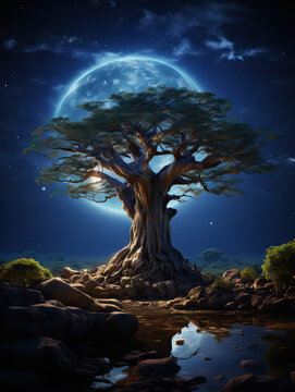 Generative AI illustration of serene baobab tree stands tall amid a rocky landscape under a night sky with a full moon and scattered stars reflecting in a small pool