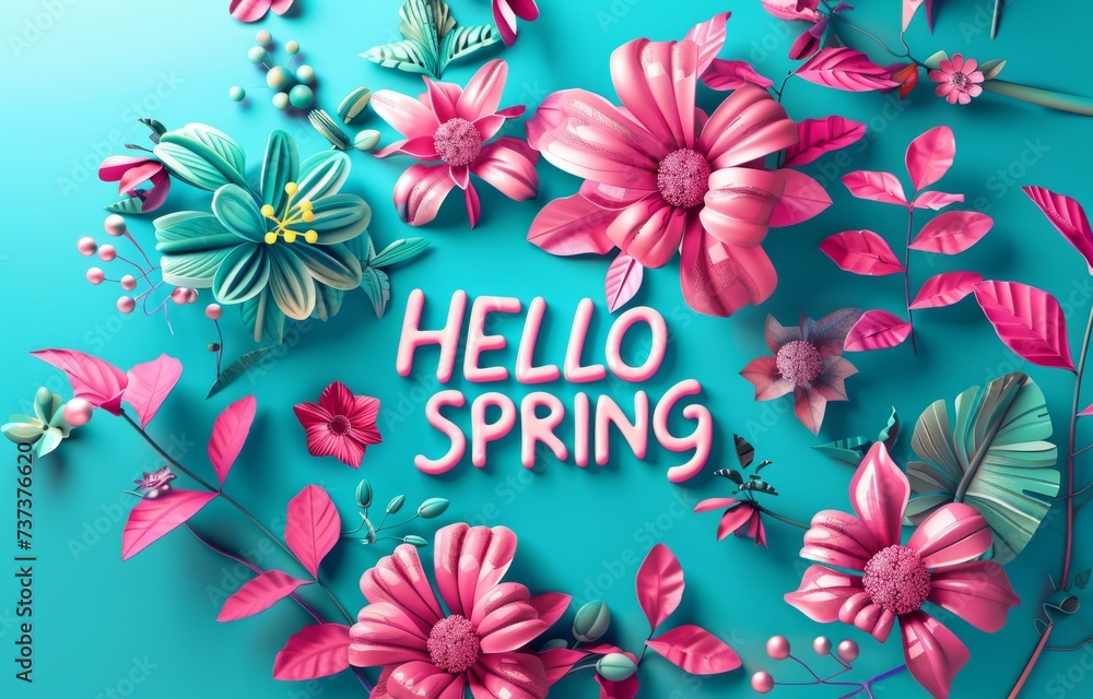 Poster HELLO SPRING greeting with flowers isolated on turquoise background Generative AI