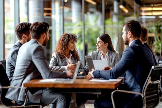 Diverse Group of People Sitting Around a Wooden Table at a Business Meeting Generative AI