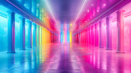 Modern Neon Light Tunnel, Futuristic Glowing Corridor, Abstract Interior Design Concept