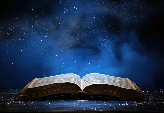 closeup of a bible open and stars and sparkles floating above, galaxies swirl above, deep blues, leave room for text