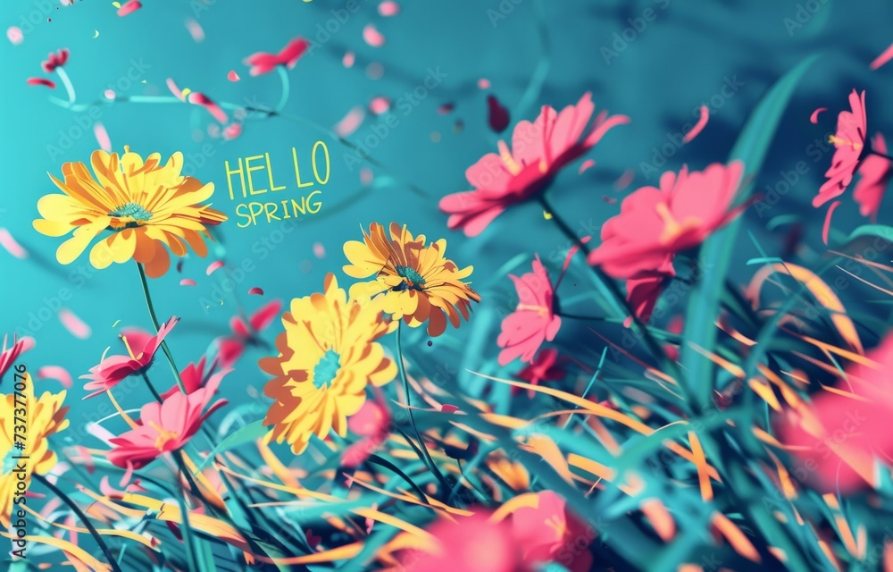 Poster HELLO SPRING greeting spring greetings on colorful flowers and grass Generative AI