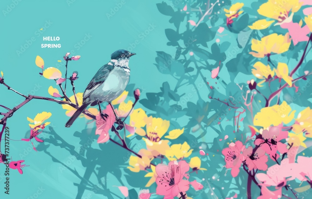 Poster HELLO SPRING greeting in the style of turquoise and pink with bird Generative AI