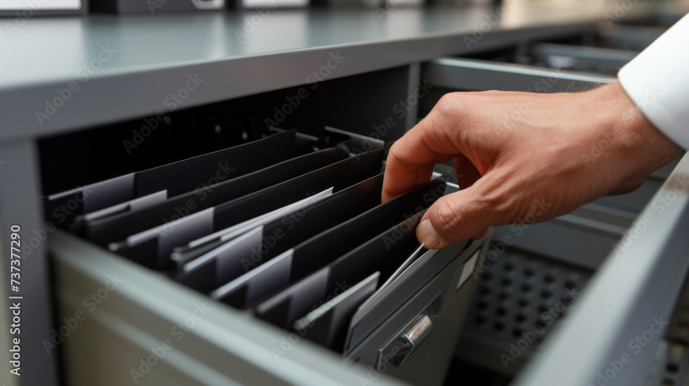 Poster a hand is shown pulling a file from an organized open filing cabinet drawer filled with labeled fold