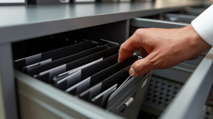 A hand is shown pulling a file from an organized open filing cabinet drawer filled with labeled folders in an office setting. - obrazy, fototapety, plakaty