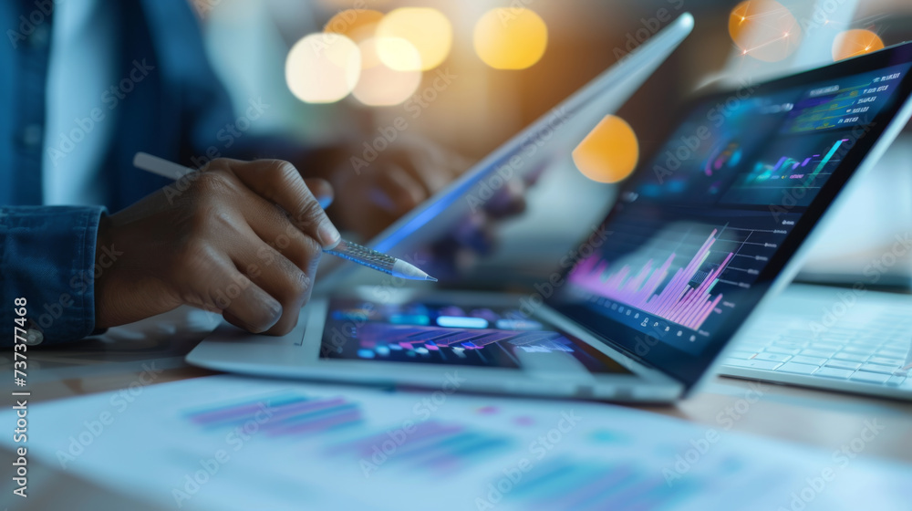 Poster an individual's hands using a stylus on a tablet with financial analysis graphs on the screen, place