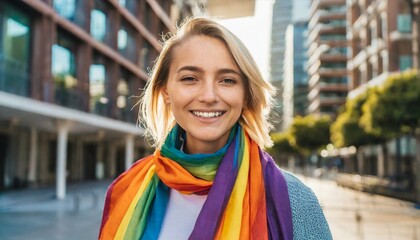 Fototapeta premium Junge LGBTQ Frau gekleidet mit einem regenbogenfarbenen Schal steht in einer Stadt und lächelt