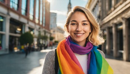 Junge LGBTQ Frau gekleidet mit einem regenbogenfarbenen Schal steht in einer Stadt und lächelt