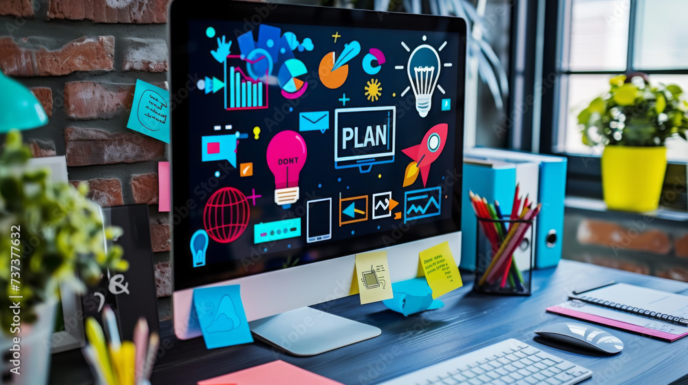 Poster a vibrant and creative workstation with a computer monitor displaying a colorful planning graphic an