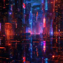 Glitchy cybernetic cityscape, where buildings morph and shift in a mesmerizing display of digital anomalies