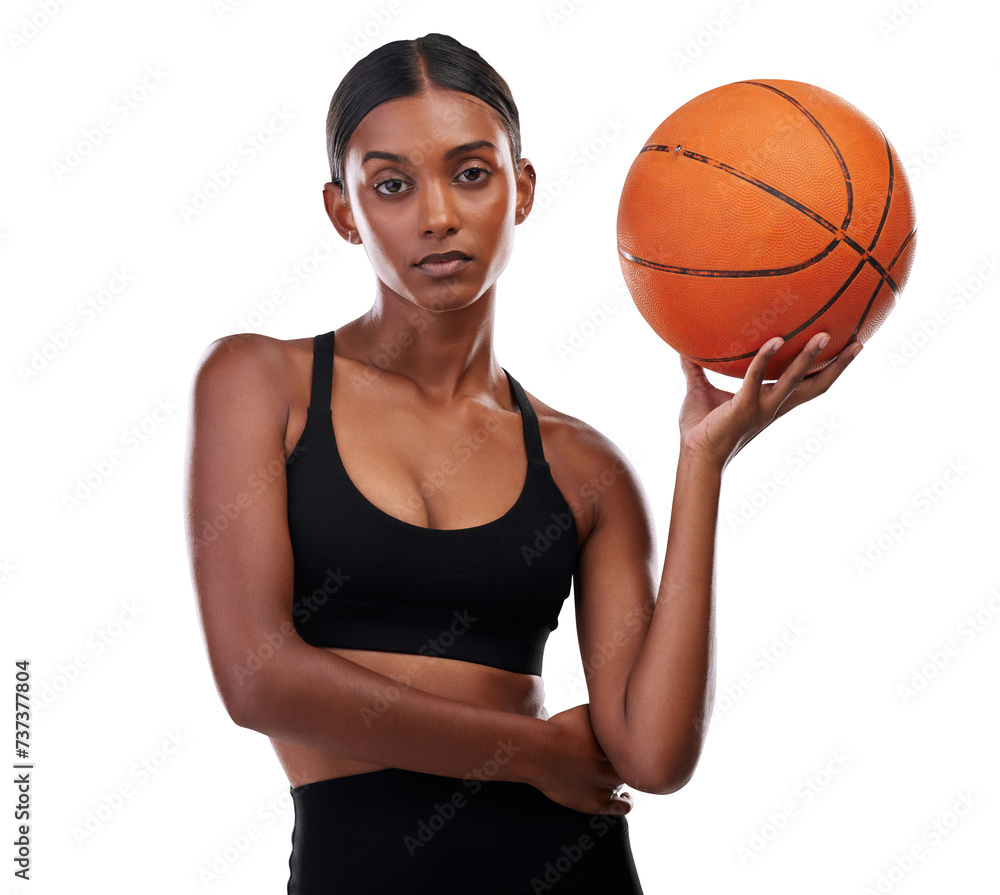 Canvas Prints Fitness, basketball and serious portrait of woman with exercise, game and body training. Performance, workout and sports, girl athlete with ball and confidence isolated on transparent png background.