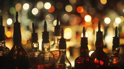 Fototapeten Silhouetted alcohol bottles with pour spouts against a backdrop of warm, glowing bokeh lights. © MP Studio