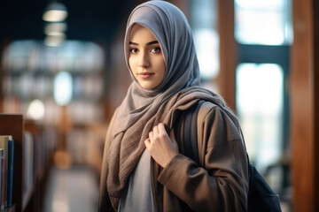 Happy young muslim student woman in hijab at university library looking at camera.