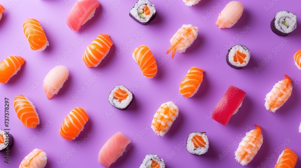 Aufkleber many different types of sushi are arranged on with in the middle of the picture.