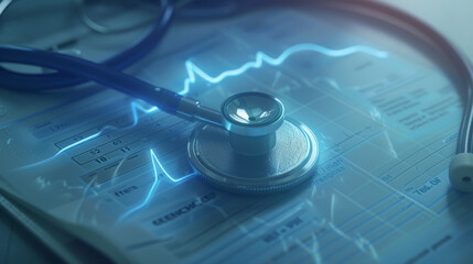 A modern stethoscope rests on a digital tablet displaying a vibrant blue electrocardiogram, indicative of innovative health technology in medical diagnostics.