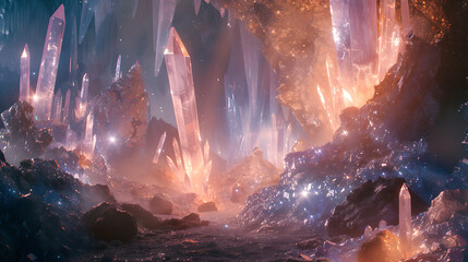 Glowing crystals suspended in a surreal, crystalline landscape, refracting light in dazzling arrays.