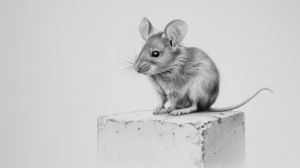 a black and white photo mouse sitting on top block of concrete in front white wall.