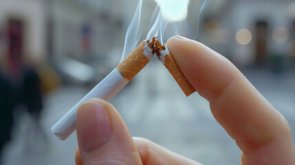 Hands are shown breaking a cigarette in half, symbolizing the decision to quit smoking and lead a healthier lifestyle. - obrazy, fototapety, plakaty