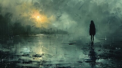 A women standing in a dark foggy place depicting depression Silhouette  illustration - obrazy, fototapety, plakaty