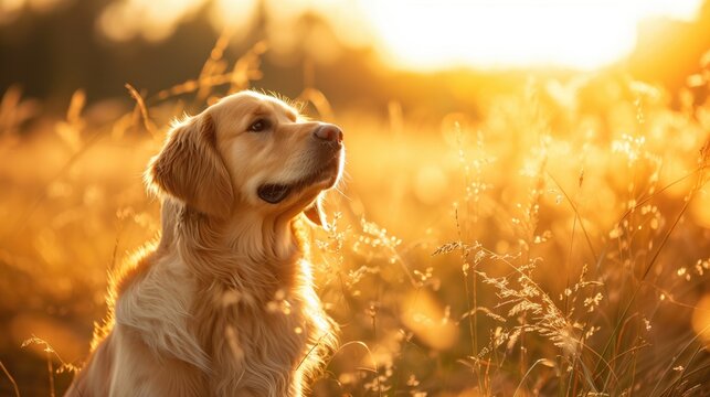 Golden Retriever dog enjoying outdoors at a large grass field at sunset, beautiful golden light, generative ai