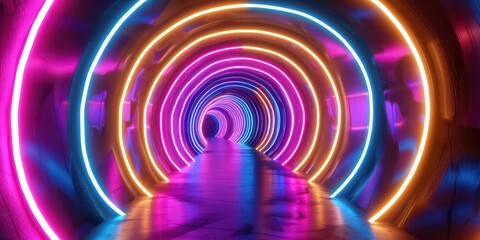Vibrant neon tunnel pulsating with colorful lines, electrifying journey through a kaleidoscope of light and movement.
