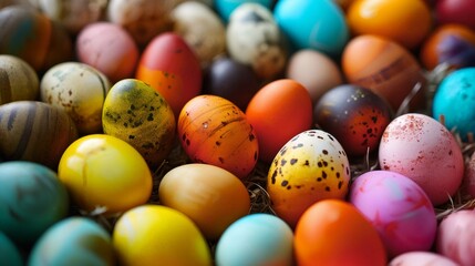 Composition with beautiful painted and natural Easter eggs. Spring festive