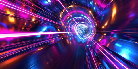 Fototapeta premium Vibrant neon tunnel pulsating with colorful lines, electrifying journey through a kaleidoscope of light and movement.