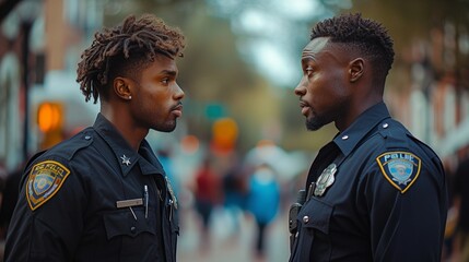 Two police officers talking to each other infront of croud - obrazy, fototapety, plakaty