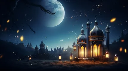 Zelfklevend Fotobehang Radiant ramadan kareem: serene mosque lantern illuminated against crescent moonlit sky   © Nayyab