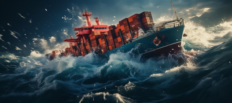 Cargo ship crashes in storm, containers fall into blue water   insurance incident concept.
