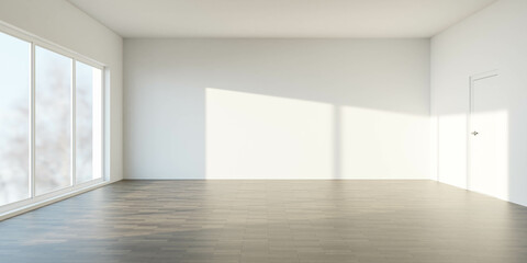 An Empty Room With Large Windows and a Door 3d render illustration
