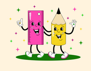 Comic flat Pencil and Ruler with face on decorated background. Vector cartoon stationery illustration in retro style. Vintage image of cute school supplies characters with smile for poster or banner