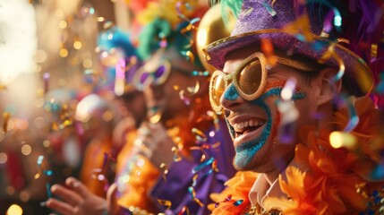 A lively Mardi Gras celebration scene, with vibrant costumes, lively music