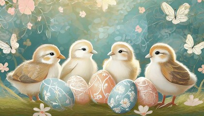 Easter navy blue background with chicks, Easter eggs and flowers. Drawing, graphic, Christmas card with place for text - obrazy, fototapety, plakaty