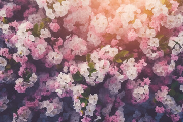Soft focus on dense pink and white floral blooms background