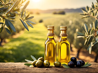 Golden olive oil bottles with olive leaves and fruits are set in the center of a rural olive field with morning sunlight as a broad banner with copyspace area design.