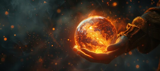 a person holding a crystal ball filled with light on a dark background - obrazy, fototapety, plakaty