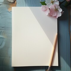 Blank notebook, a sketch pencil on the table, desktop background, a pink cherry blossom on the table as a decoration, nice light and shadow, stock photo, top angle, thick coated style, holographic, or