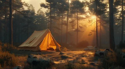 Foto op Plexiglas A triangular tent blends with the natural landscape of the forest at sunset, surrounded by tall trees, casting tints and shades under the heat of the evening sun © RichWolf
