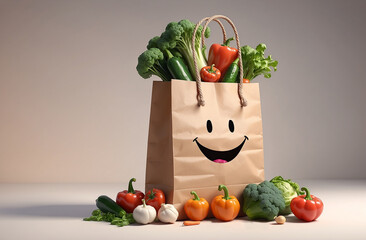 Stunning illustration. An adorable cartoon paper bag with eyes and rope handles filled with vegetables. very minimalistic background. shopping concept