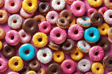 Top view of a variety of glazed donuts. Colorful donuts with icing as background. Various colorful glazed donuts with sprinkles. - obrazy, fototapety, plakaty