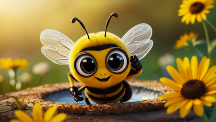 cute happiness  cartoon bee character, flowers  