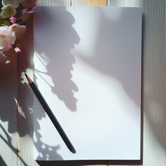 Blank notebook, a sketch pencil on the table, desktop background, a pink cherry blossom on the table as a decoration, nice light and shadow, stock photo, top angle, thick coated style, holographic, or
