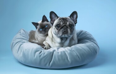a pug dog in a pillow with a cat on it
