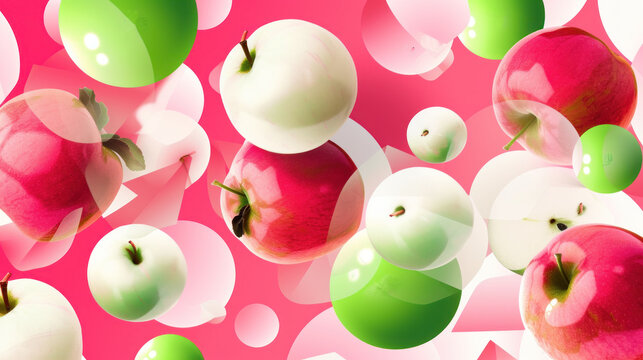 a group of green and red apples floating on top of each other on a pink and white background with bubbles.