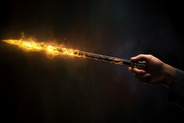 Magic wand with sparkle on blue background, Miracle magical stick Wizard tool on hot blue.